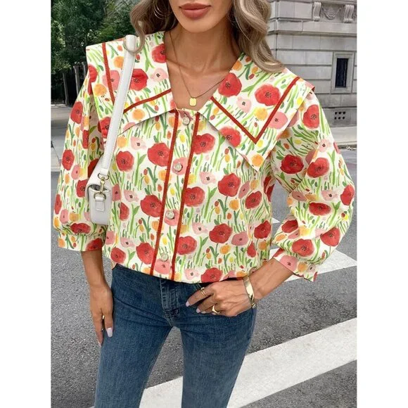 Women's Cotton Button Down Shirt 3/4 Sleeve Floral V Neck Office Casual